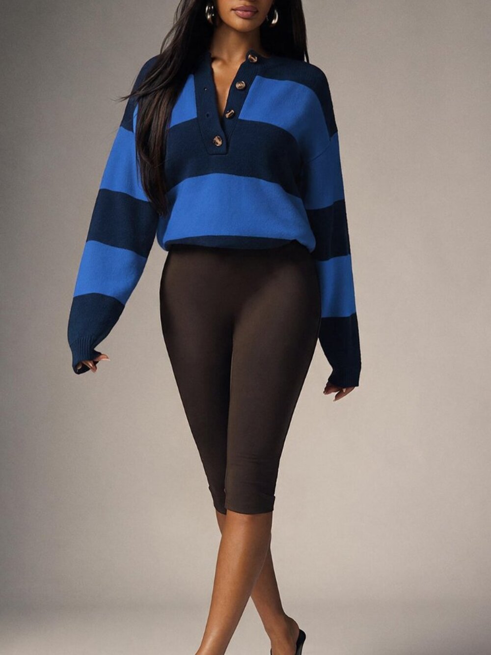 Blue Casual Women's Rib-Knit Half Button Drop Shoulder Oversized Pullover - Picture 4 of 6